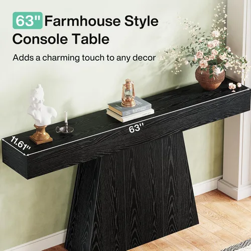 Vista 7 de Tribesigns Mesa consola negra de 63 pulgadas, mesa de entrada de granja con base trapezoidal, mesa de sofá estrecha y larga de madera detrás