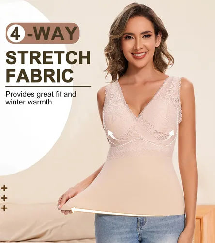 Vista 4 de Camiseta sin mangas adelgazante para mujer, cuello en V, camisola de encaje con brasier integrado, capa base