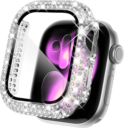 Vista 14 de KADES - Funda protectora completa compatible con iWatch, con protector de pantalla de vidrio templado incorporado, brillante y con diamantes de Negro