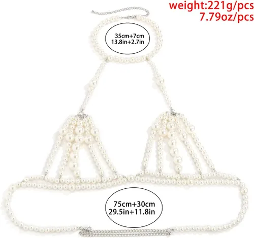 Vista 6 de Jumwrit Collar de cadena de perlas en capas y cinturón de cadena de cintura de plata, ajustable, accesorios para mujer, Perla, aleación