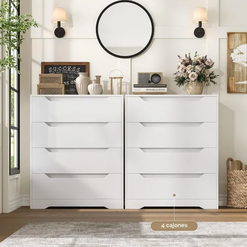 Vista 4 de HOSTACK Cómoda Blanca, Cómoda de 4 Cajones, Cómoda Moderna con Tiradores Recortados, Cómodas Pequeñas con Cajones, Organizador de Cofre