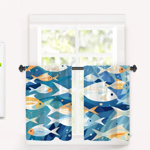 Vista 7 de Cortinas geométricas de cocina para ventanas, color negro, blanco, turquesa, cenefas opacas de poliéster multicapa para cocina, paquete de 2