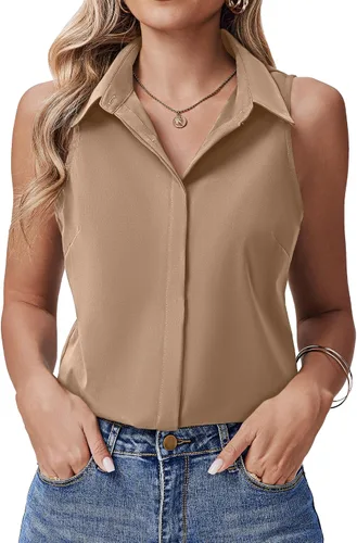 Vista 14 de HOTOUCH Camisas sin mangas con botones ocultos para mujer, frente con botones ocultos, cuello, blusas casuales elegantes holgadas para oficina