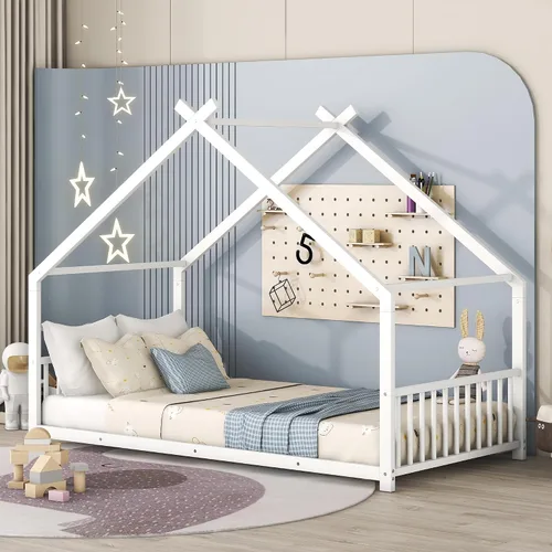 Vista 13 de Lakifun Casa de juegos de cama de metal de tamaño individual con barandillas de techo y valla para niños y niñas, marco de toldo Montessori de suelo