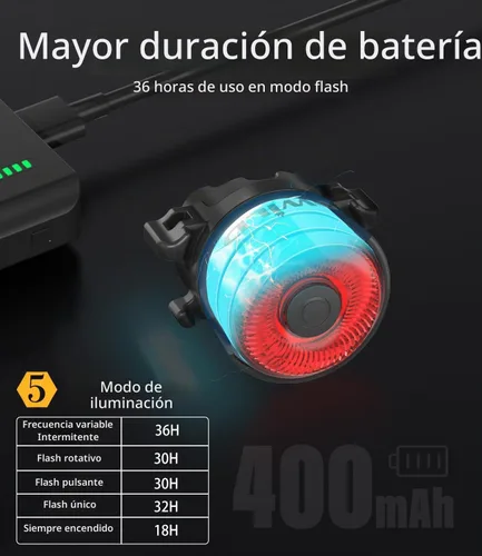 Vista 3 de TOWILD TL03 - Luz trasera para bicicleta, luces traseras de bicicleta con detección de freno inteligente, cable tipo C, impermeable, luces traseras