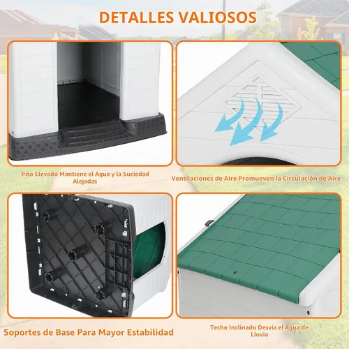 Vista 6 de ZENY Casa de plástico para perros – Perrera impermeable con rejillas de ventilación y suelo elevado para todo tipo de clima para interiores