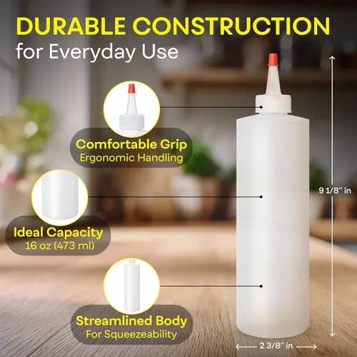 Vista 3 de BRIGHTFROM Botellas vacías de 16 onzas, paquete de 2 recipientes para chorro con parte superior roja, sin BPA para condimentos, jarabe, salsa