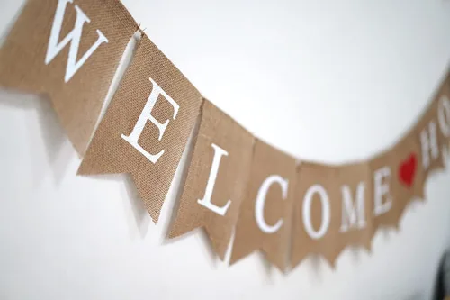 Vista 2 de Cartel de bienvenida a casa de arpillera, decoraciones rústicas para fiestas de bienvenida a casa