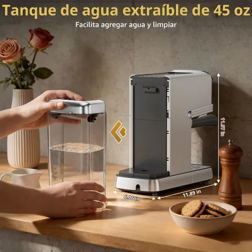 Vista 5 de COWSAR Máquina de café expreso de 20 bares, cafetera compacta con espumador de leche al vapor, cafetera de acero inoxidable con tanque de agua