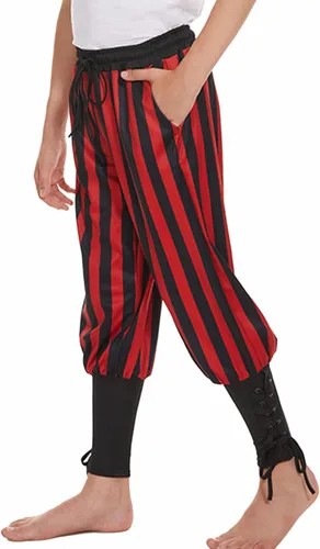 Vista 4 de WISHU Pantalones piratas medievales con bandas de tobillo para niños, disfraz de pirata vikingo renacentista, pantalones de rayas para Halloween