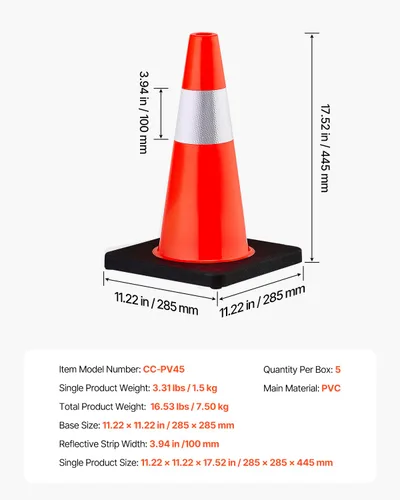 Vista 9 de VEVOR Conos de seguridad, paquete de 5 conos de tráfico de 18 pulgadas, conos de construcción naranja de PVC con collares reflectantes y base negra