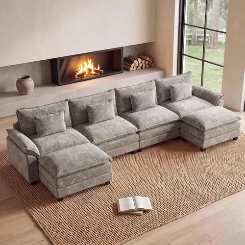 Vista 28 de Oprisen Sofá Seccional Modular, Cómodo Cloud Couch Sofá Seccional, Sofá Cama de Chenilla con Asiento Profundo con Almohadas Decorativas para Sala