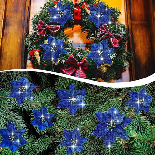 Vista 4 de Syhood 30 Piezas Flores de Pascua con Purpurina de 5.1 Pulgadas Adornos para Árbol de Navidad Flores de Pascua Artificiales para Boda Flores