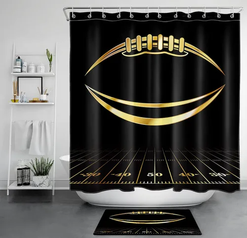 Vista 6 de LB Cortina de ducha de fútbol americano, juego deportivo, acuarela, fondo negro, cortina de baño de dibujos animados, tela de poliéster decorativa