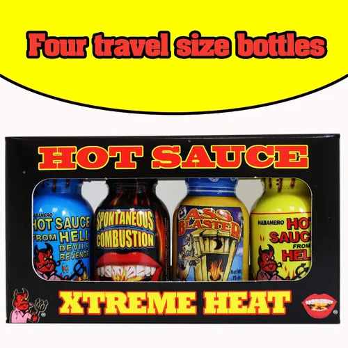 Vista 3 de Xtreme Heat - Juego de botellas de salsa picante gourmet, tamaño de viaje, paquete de 4, prueba si te atreves, regalos de Navidad gourmet perfectos