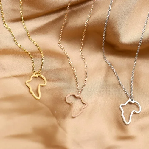 Vista 7 de Rrdaily Collar minimalista con colgante de mapa de África hueco de acero inoxidable para mujeres y niñas, collar de contorno de continente