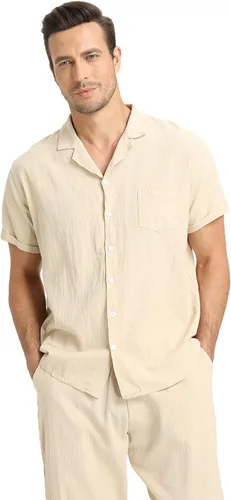 Vista 4 de RPOVIG Conjunto de camisa de lino conjunto de 2 piezas de lino para hombre camisas de manga corta pantalones de yoga trajes de playa y boda
