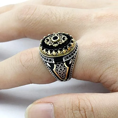 Vista 5 de Qida S925 Stamp Sterling Silver OnyxLapis Lazuli Ring for Men Female Turkish Handmade Vintage Luxury Band