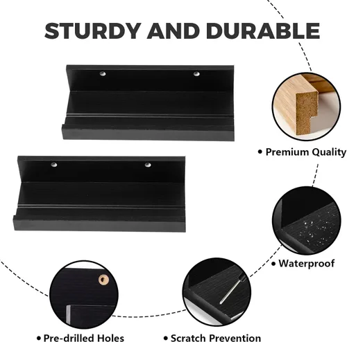 Vista 5 de Muzilife Estantes Flotantes de Pared Pequeños de 12" con Borde - Juego de 2 Estantes Flotantes de Madera - Repisa Negra Montada en Pared