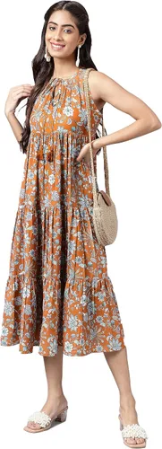 Vista 3 de Janasya Vestido escalonado con estampado floral digital de musgo marrón para mujer