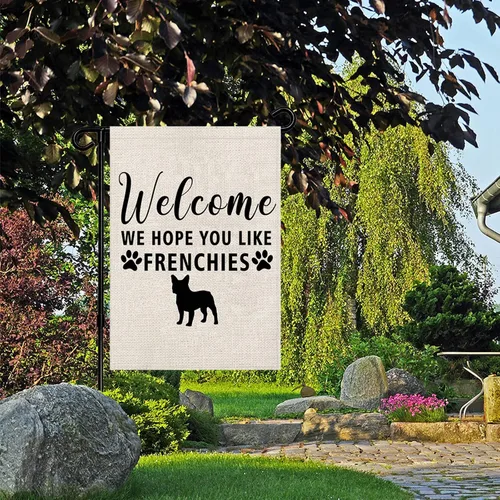 Vista 3 de PWHAOO Bandera de jardín de Frenchie Bandera de bulldog francés, bandera de bienvenida con texto en inglés "Welcome We Hope You Like Frenchies F