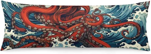 Vista 15 de Funda de almohada corporal de pulpo con barco, vela vieja en olas del océano, funda de almohada corporal de 20 x 54 pulgadas, funda de almohada