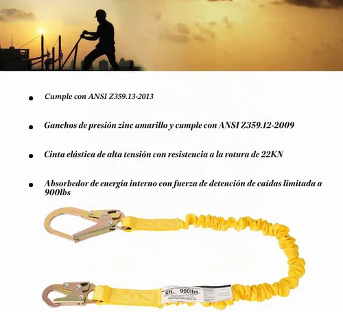 Vista 3 de Cordón de Seguridad Extensible de Una Sola Pierna de 6 Pies con Protección contra Caídas y Absorción de Impactos Interna con Conectores de Gancho
