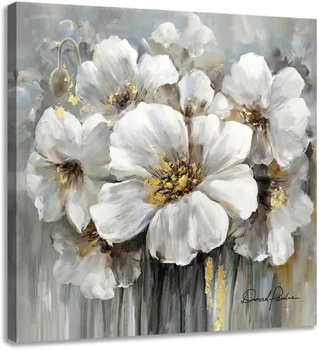 Vista 17 de Cuadro de flores para sala de estar, arte de pared floral azul y blanco sobre lienzo con detalles dorados para decoración de dormitorio gris, 32 x
