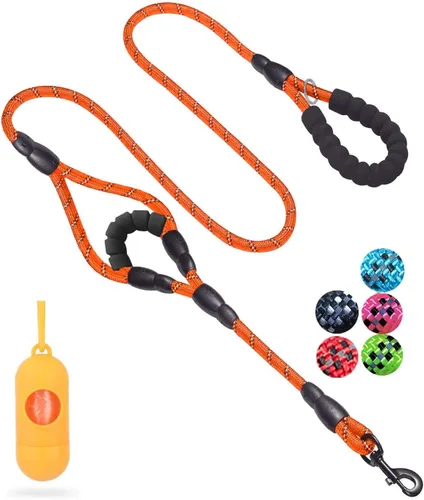 Vista 17 de JSXD Correa resistente de doble asa para perro, 5 pies, acolchada y reflectante, cuerda para perros pequeños a grandes (negro)