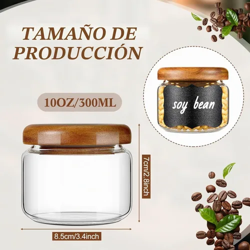 Vista 2 de Hushee Paquete de 3 tarros de vidrio pequeños de 10 onzas con tapas de bambú y etiquetas, tarros de almacenamiento transparentes con tapas