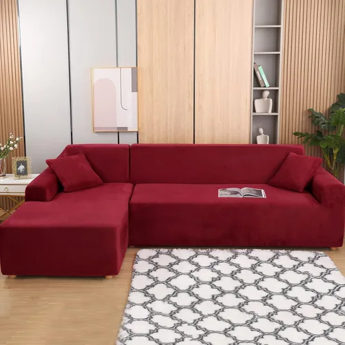 Vista 10 de Fundas para sofá modular, 2 fundas de sofá en forma de L con fundas de almohada, fundas elásticas de terciopelo para sofá de 3 + 3 plazas, fundas