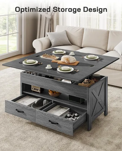 Vista 13 de Marsail Mesa auxiliar elevable, mesa central multifuncional 4 en 1 con compartimento oculto, 2 cajones y estante abierto, altura ajustable para sala