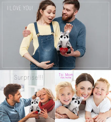 Vista 3 de DolliBu Mapache de peluche con texto en inglés "I Love You", bonito animal de peluche con corazón rojo y nombre, regalo personalizado para el día
