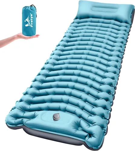 Vista 10 de Colchoneta de dormir para camping, colchón ultraligero con almohada, bomba de pie integrada, alfombrilla portátil inflable compacta para mochileros