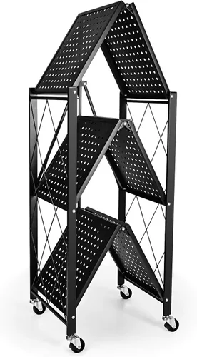 Vista 5 de HealSmart Estantería de metal plegable de 3 niveles con ruedas, estantes organizadores para garaje y cocina con capacidad de hasta 750 libras