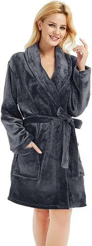Vista 14 de U2SKIIN - Bata de felpa para mujer, batas cortas y acogedoras de felpa suave para mujer con cuello de chal, bata de spa cálida A-Negro