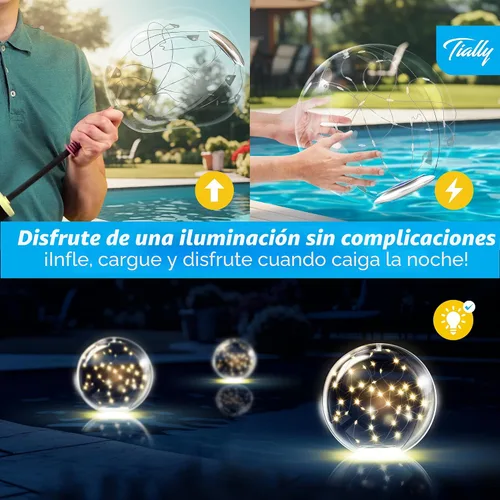Vista 4 de TIALLY Luces flotantes de hadas para piscina alimentadas por energía solar, bolas LED inflables impermeables de 14 pulgadas, luces para piscina