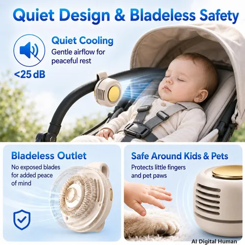 Vista 3 de Mini ventilador silencioso portátil sin aspas, clip giratorio de 360° en Blanco