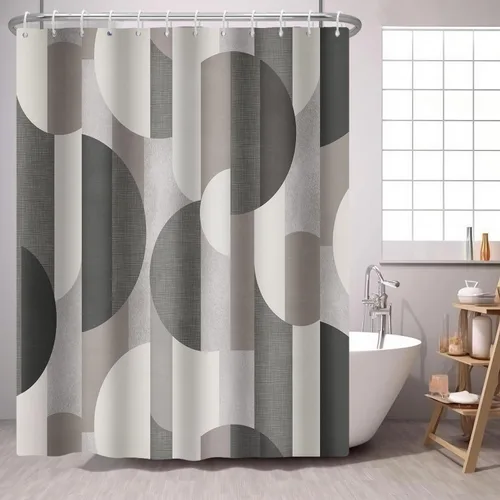 Vista 12 de Cortina de ducha azul marino con círculos geométricos abstractos y modernos, estilo contemporáneo, cortinas de ducha de tela impermeable gris