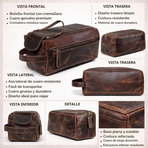 Vista 2 de Bolsa de aseo unisex de cuero de búfalo genuino, hecha con cuero de búfalo de alta calidad Marrón