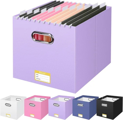 Vista 32 de BALEINE Caja organizadora de archivos, organizador de carpetas de archivos de cartón con asa para tamaño carta, caja de archivos plegable portátil