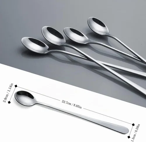 Vista 2 de IQCWOOD Cucharas de té helado de mango largo, cucharas de café de acero inoxidable para mezclar cócteles, juego de 4