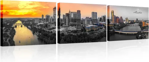 Vista 13 de 3 paneles de Atlanta Skyline vista de la ciudad en blanco y negro, imágenes panorámicas de edificio de ciudad, decoración de pared para sala