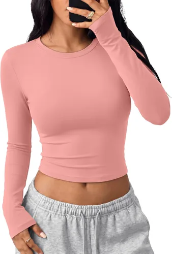 Vista 38 de Trendy Queen Camisetas cortas de manga larga para mujer, camisetas básicas Blanco