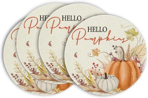 Vista 13 de Artoid Mode Juego de 2 manteles individuales de otoño de 12 x 18 pulgadas con diseño de hojas florales de calabaza naranja y calabaza