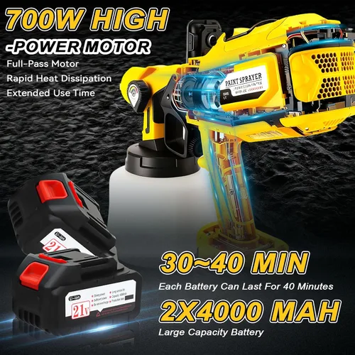 Vista 4 de Pulverizador de pintura inalámbrico con luz LED, 2 baterías de 4000 mAh de 21 V, 6 boquillas y 3 modos de pulverización, pistola de pintura