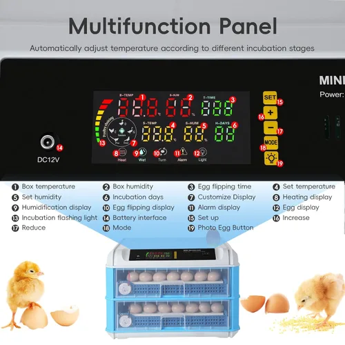 Vista 4 de Incubadora automática de 120 huevos, incubadora automática para incubar huevos, con girador automático de huevos, control de temperatura y humedad