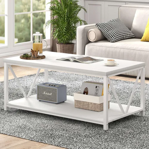 Vista 15 de EXCEFUR Mesa de centro pequeña, mesas modernas para sala de estar con estante de almacenamiento, mesa central rectangular de madera rústica, mesa