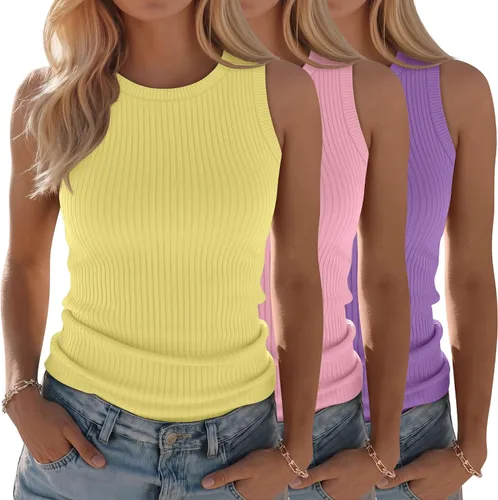 Vista 8 de Paquete de 3 camisetas sin mangas de algodón para mujer, de punto acanalado, casuales, básicas, de cuello redondo, ajustadas, de verano, con espalda