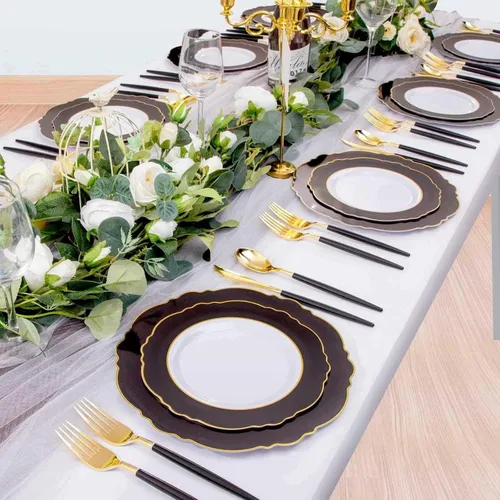 Vista 5 de WDF 30 Invitados - Platos de plástico negro y dorado, platos de Año Nuevo, cubiertos de plástico dorado con mango negro, vajilla desechable barroca